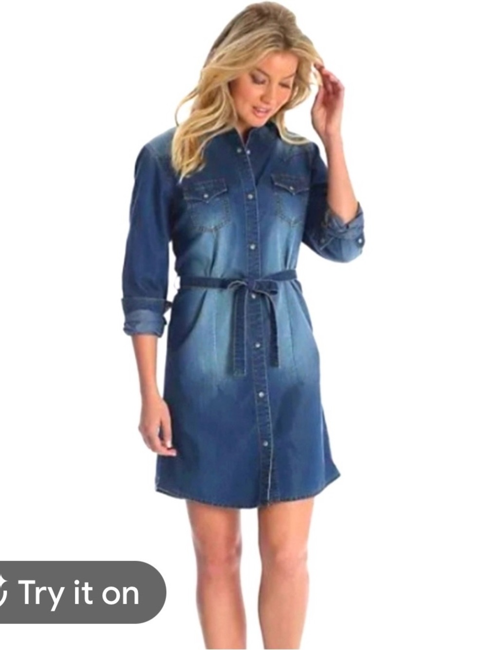 Wrangler Blue Long-Sleeve Denim Shirt Dress with Waist Tie